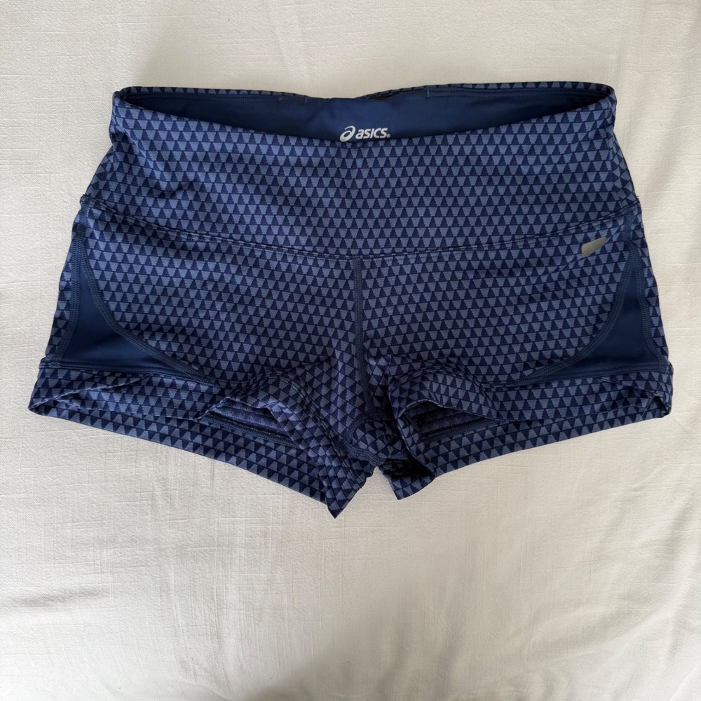 Asics Women Athletic Shorts Blue Geometric Print Running Workout‎ Size M